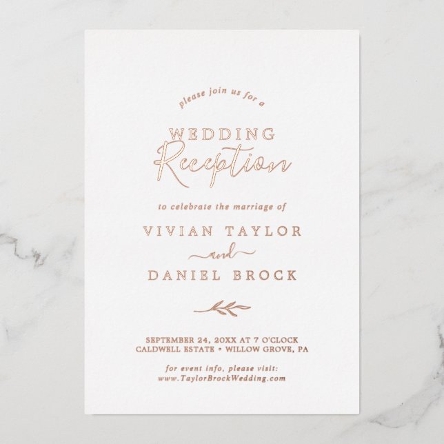 Invitation En Aluminium Réception de mariage minimaliste feuille | Rose Go (Recto)