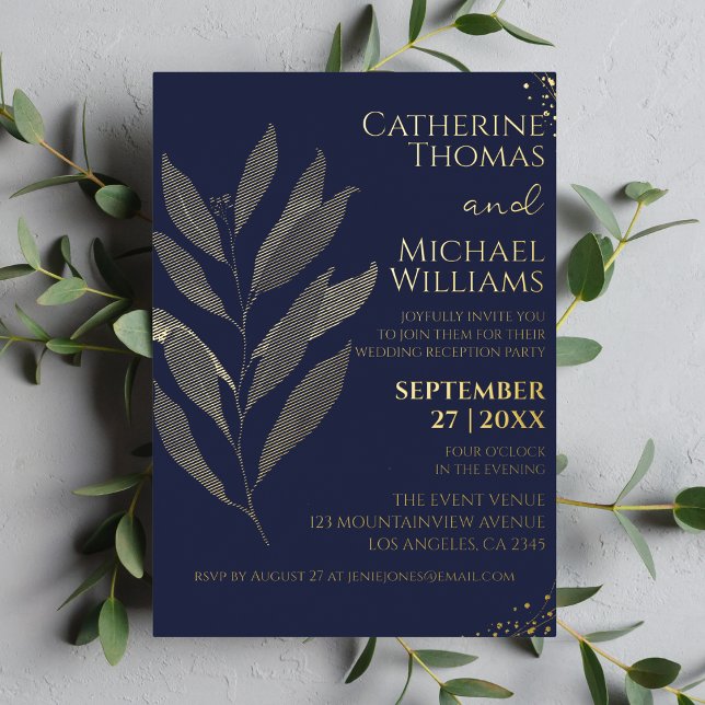 Invitation En Aluminium Réception de mariage moderne bleu navy feuille d'o (Créateur téléchargé)