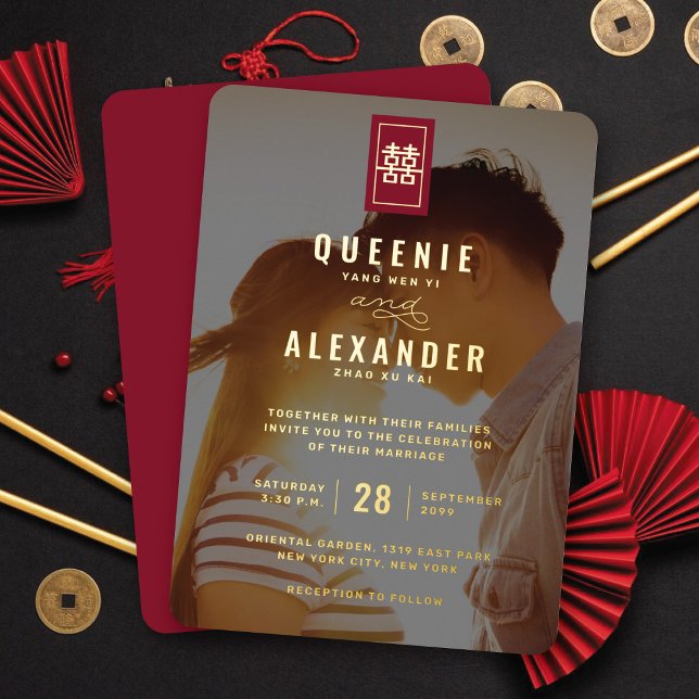 Invitation En Aluminium Rectangle double bonheur photo Mariage chinois (Gold/Red Simple Rectangle Double Happiness Minimalist Chinese Wedding Real Foil Photo Invitation)