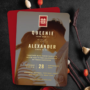 Invitation En Aluminium Rectangle double bonheur photo Mariage chinois