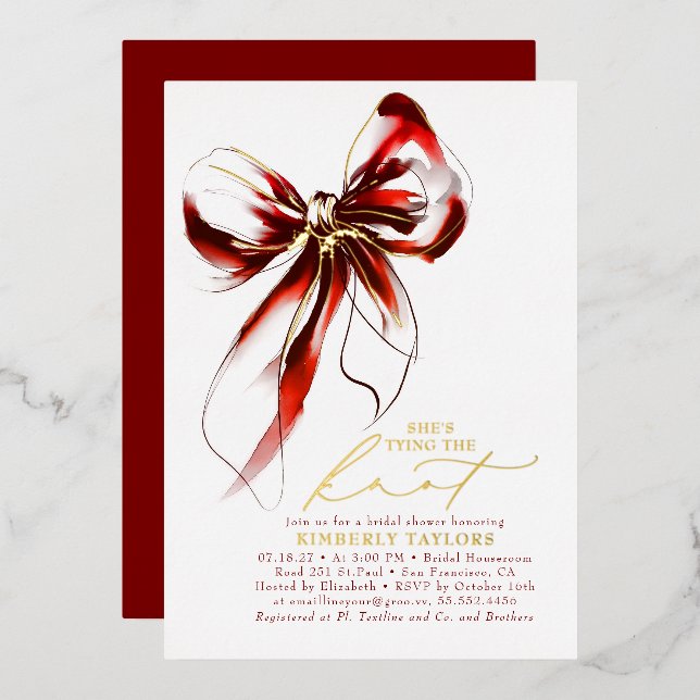 Invitation En Aluminium Red and Gold Bow Elegant Whimsical Bridal Shower (Recto/Verso)
