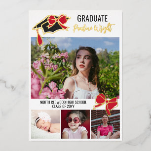 Invitation En Aluminium Red Bows Photos Gold Foil Outlines Graduation