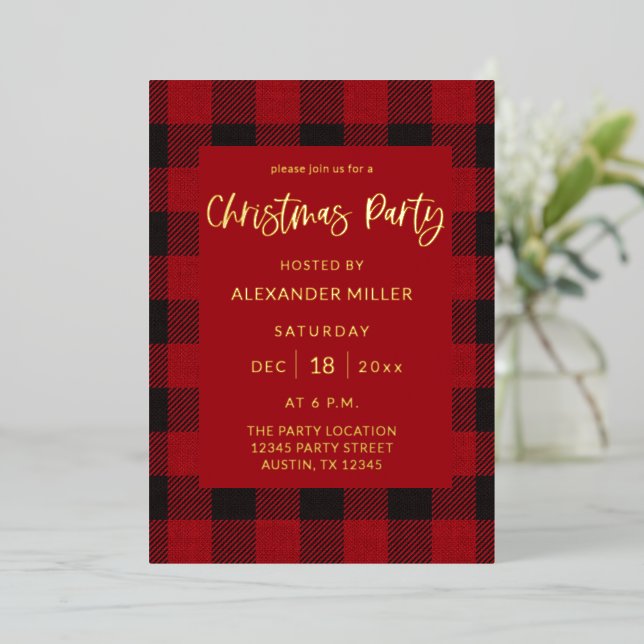 Invitation En Aluminium Red Buffalo Plaid Flannel fête de Noël (Debout devant)