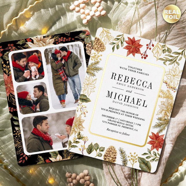 Invitation En Aluminium Red Christmas Floral Photo Collage Mariage Gold (Créateur téléchargé)