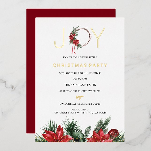 Invitation En Aluminium Red Christmas Party Joy Foliage Wreath (Recto/Verso)