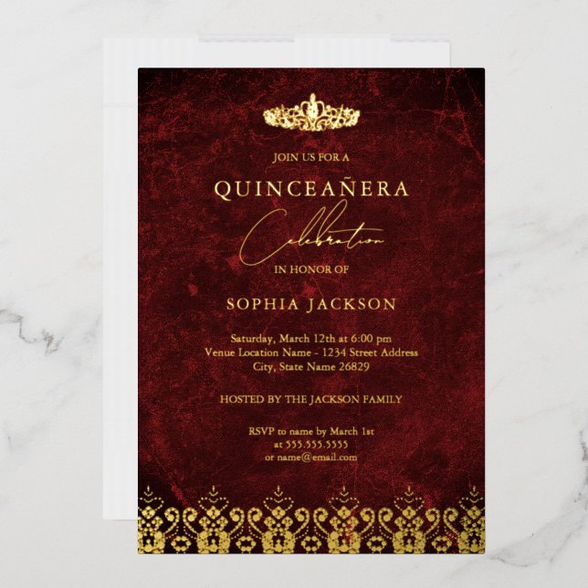 Invitation En Aluminium Red Gold Elegant Damask Tiara Quinceanera (Enveloppe)