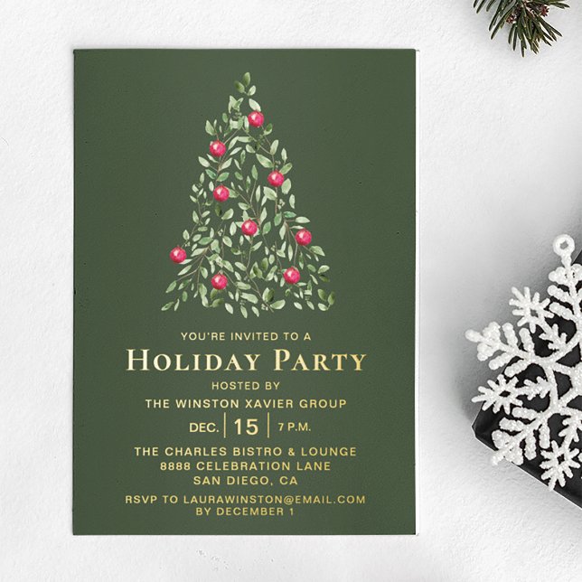 Invitation En Aluminium Red Gold Green Noël Fête d'entreprise (Holiday Party green pine red ornament corporate invitation)