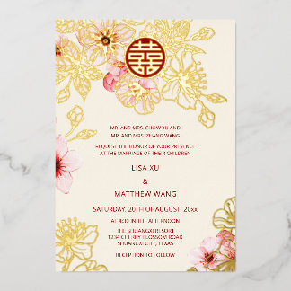 Invitation En Aluminium Red Gold Pink Cherry Blossom Chinese Wedding
