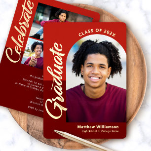 Invitation En Aluminium Red Graduation 4 Photo Bold Script Arch Real Gold