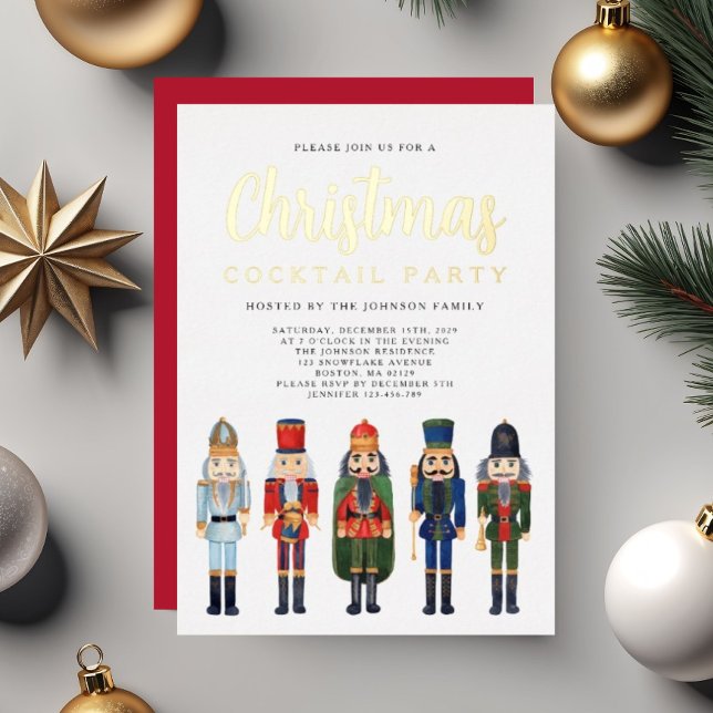 Invitation En Aluminium Red Nutcracker Noël Cocktail Party Gold (Red Nutcracker Christmas Cocktail Party Gold Foil Invitation)