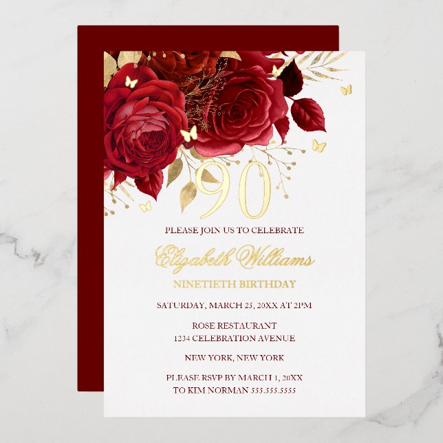 Invitation En Aluminium Red Rose Sparkling Butterfly 90th Birthday  (Recto/Verso)