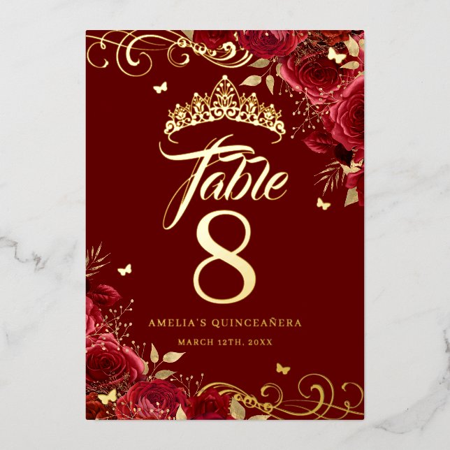 Invitation En Aluminium Red Rose Swirl Quinceanera Gold (Recto)