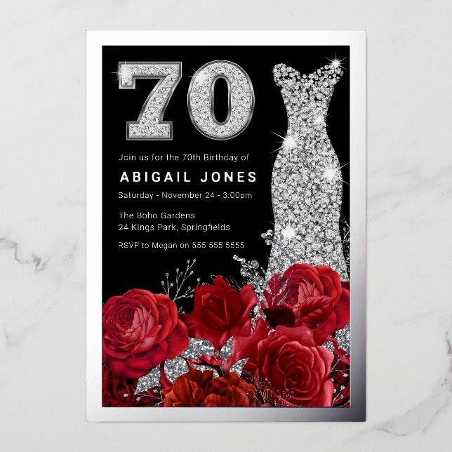 Invitation En Aluminium Red Roses Diamond Gown 70e Anniversaire Véritable  (Recto)
