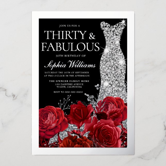 Invitation En Aluminium Red Roses & Silver Foil Black 30th Birthday (Recto)