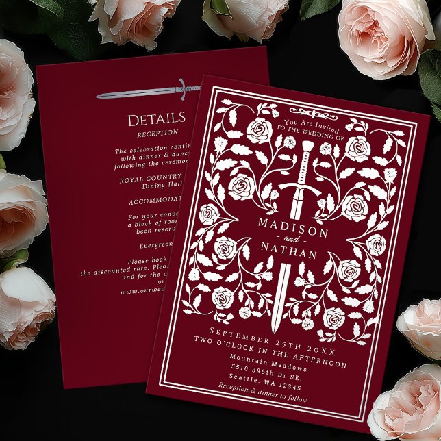 Invitation En Aluminium Red Royal Medieval Silver Sword Wedding Details (Créateur téléchargé)
