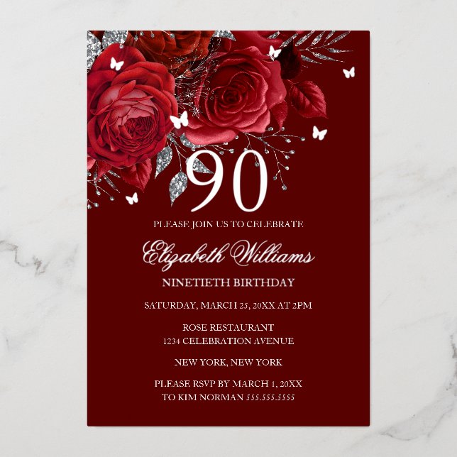 Invitation En Aluminium Red Silver Rose Sparkling Butterfly 90th Birthday  (Recto)