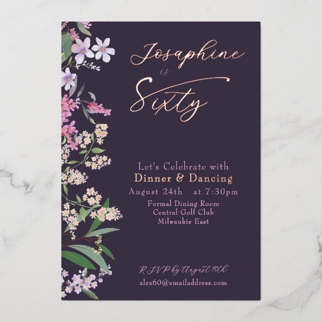 Invitation En Aluminium Refined Watercolor Wildflower  Named 60th Birthday (Recto)