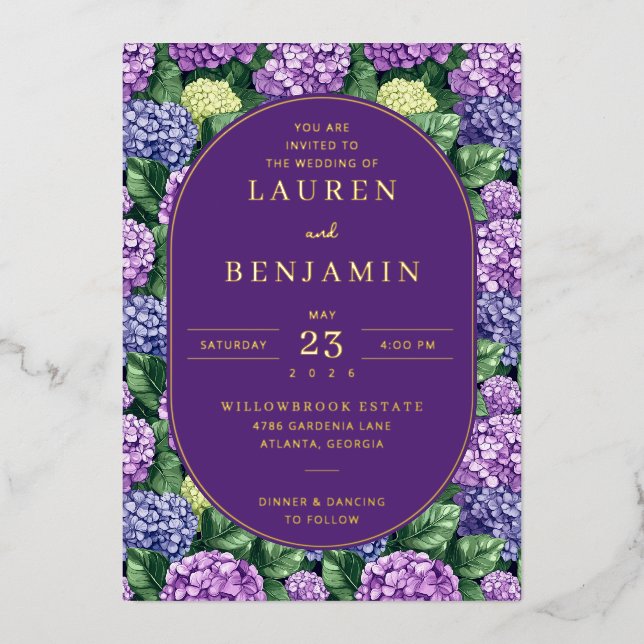 Invitation En Aluminium Regal Purple Floral Hydrangea (Recto)