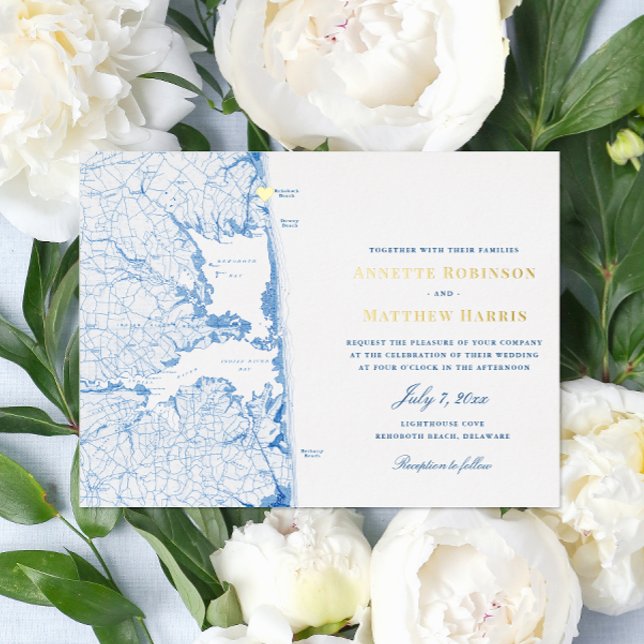 Invitation En Aluminium Rehoboth Beach Delaware Marine Mariage et or (Rehoboth Beach Wedding Invitations with elegant gold foil printing and navy blue typography )