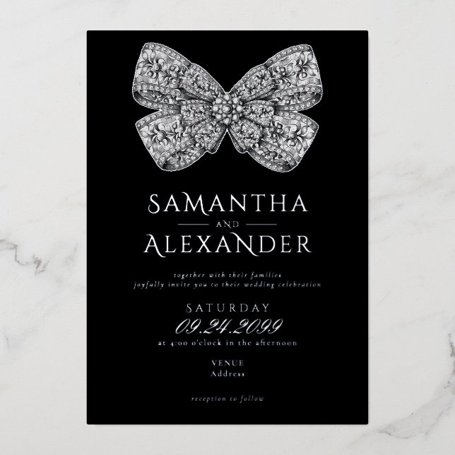 Invitation En Aluminium Renaissance Regency Ornate Bow Black Photo Mariage (Recto)