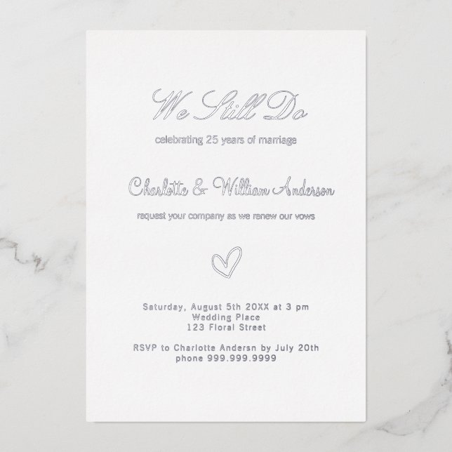 Invitation En Aluminium Renouvellement de vœux blanc argent 25e anniversai (Recto)