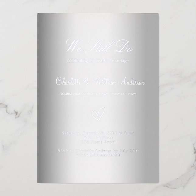 Invitation En Aluminium Renouvellement de vœux blanc argent 25e anniversai (Recto)