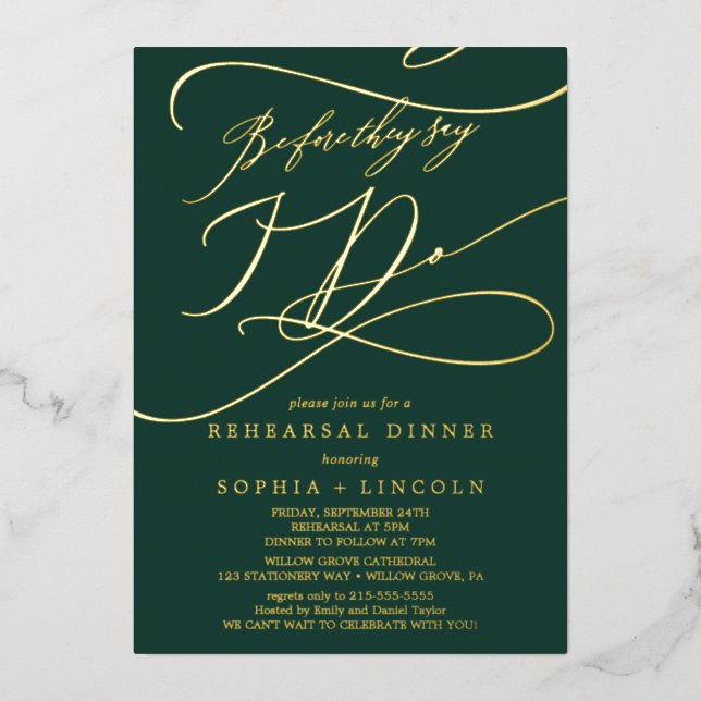 Invitation En Aluminium Repetion romantique vert et or avant la répétition (Recto)