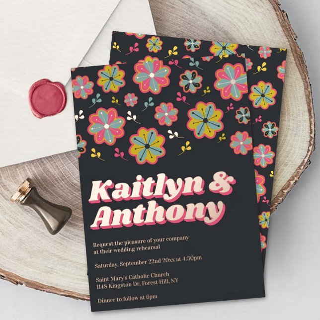 Invitation En Aluminium Répétition du Mariage Super rétro de Flower Power  (Créateur téléchargé)