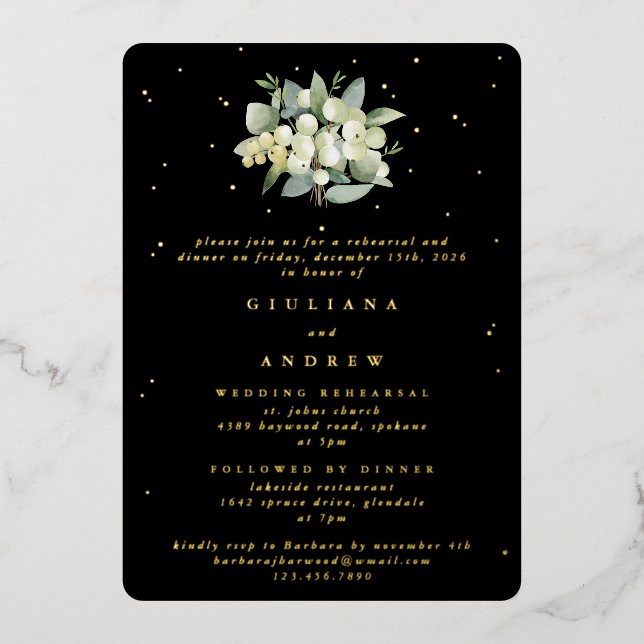 Invitation En Aluminium Répétition Mariage Black Snowberry+Eucalyptus (Recto)