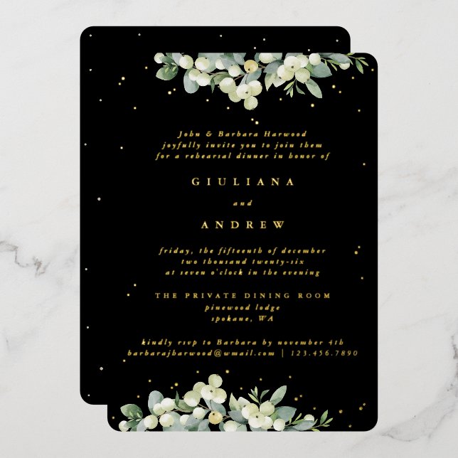 Invitation En Aluminium Répétition Mariage Black Snowberry+Eucalyptus (Recto/Verso)