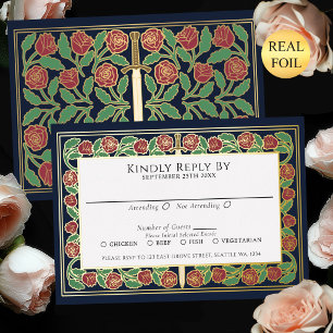 Invitation En Aluminium Réponse pour le Mariage Royal Épée Florale Or Bleu