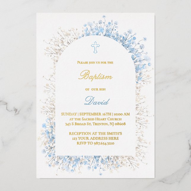 Invitation En Aluminium Respiration de bébé blanc bleu baptême garçon (Recto)