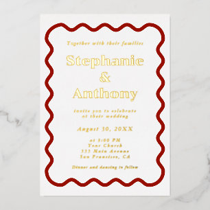 Invitation En Aluminium Retro 1950s Wavy Edge Mariage rouge foncé