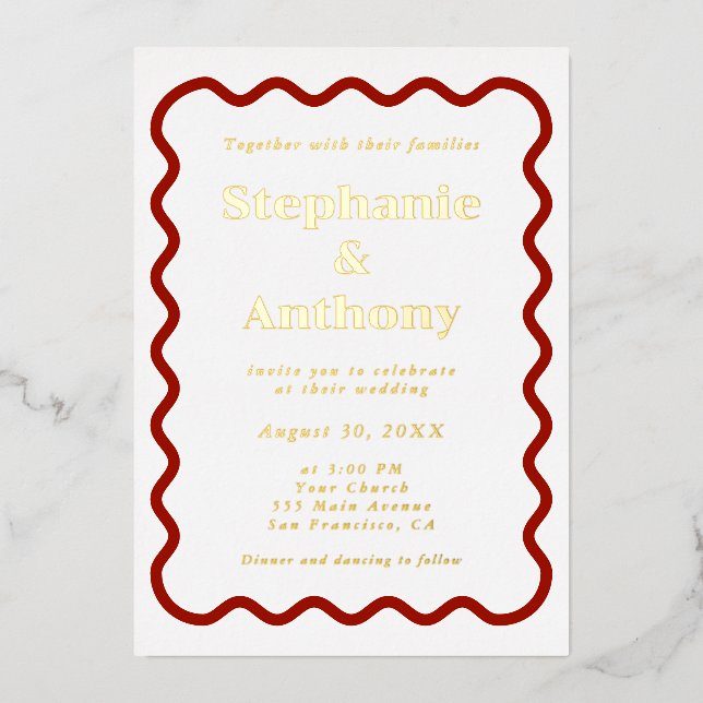 Invitation En Aluminium Retro 1950s Wavy Edge Mariage rouge foncé (Recto)