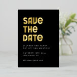 Invitation En Aluminium Retro 70s Disco Font Unique Wedding Black Gold<br><div class="desc">This save the date card features bold Art Deco lettering in elegant gold foil against a dramatic black background. The striking typography creates a glamorous, vintage-inspired look while clearly highlighting the wedding announcement, date, and location. Perfect for formal celebrations, city weddings, and couples who love classic 1920s style. The clean...</div>