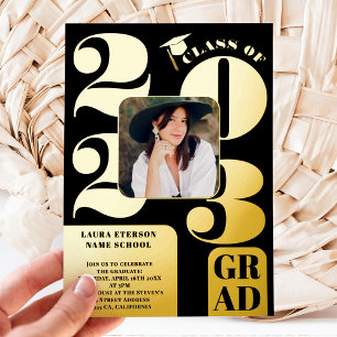 Invitation En Aluminium Retro bold 2023 or noir 5 photos graduation