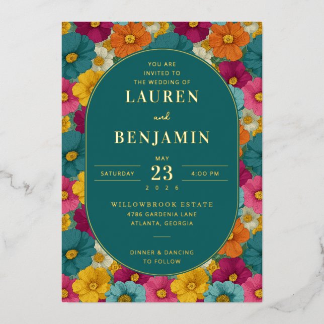 Invitation En Aluminium Retro Botanica and Teal Wedding (Recto)