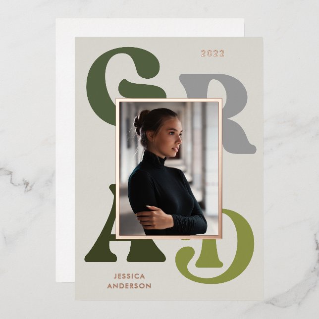 Invitation En Aluminium Retro Gris Vert Typographie Photo 2022 Graduation (Recto/Verso)