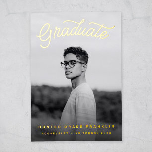 Invitation En Aluminium Retro Script Gold Foil Photo Graduation