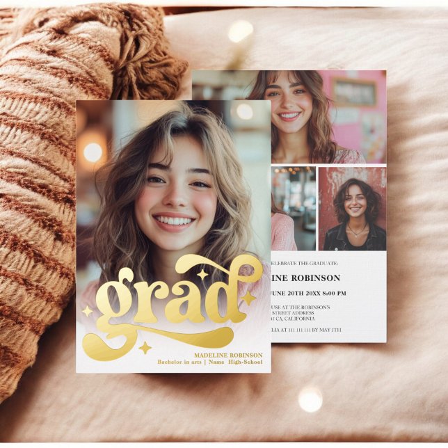 Invitation En Aluminium Retro Script or Blanc 4 Photo Graduation (Retro Script gold White 4 Photo Graduation Foil Invitation)