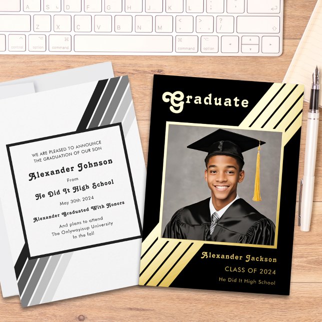 Invitation En Aluminium Retro Stripe Grad Photo noir et or Graduation (Retro stripe stylish black and gold grad photo high school graduation announcement )