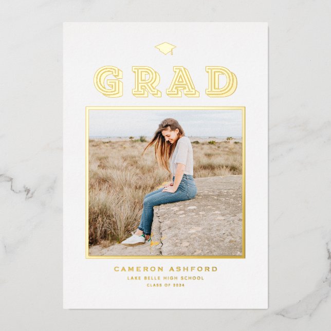 Invitation En Aluminium Retro Typographie Photo Graduation Gold (Recto)