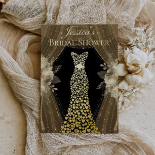 Invitation En Aluminium Rideaux élégants et robe de mariée sous thème doré