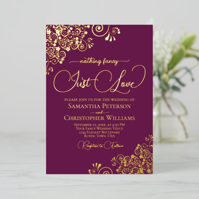 Invitation En Aluminium Rien De Fancy Just Love Mariage Magenta Plum Gold (Debout devant)
