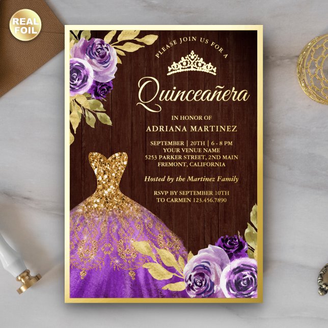 Invitation En Aluminium Robe à étincelles florales violet Bois Quinceanera (Créateur téléchargé)
