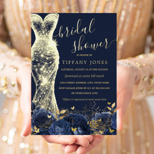 Invitation En Aluminium Robe à paillettes Navy Or Floral Rose Mariage