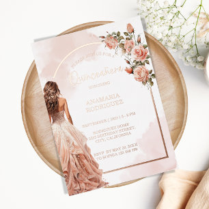 Invitation En Aluminium Robe à paillettes Rose Gold Fleur Rose Quinceanera