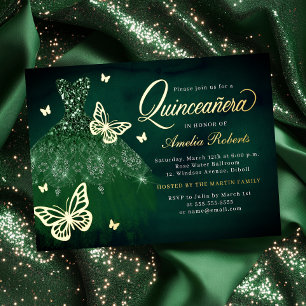 Invitation En Aluminium Robe à papillon Emerald Gold Quinceanera