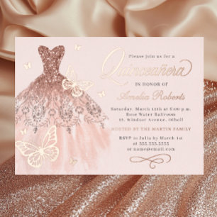 Invitation En Aluminium Robe à papillon or Rose étincelante Quinceanera
