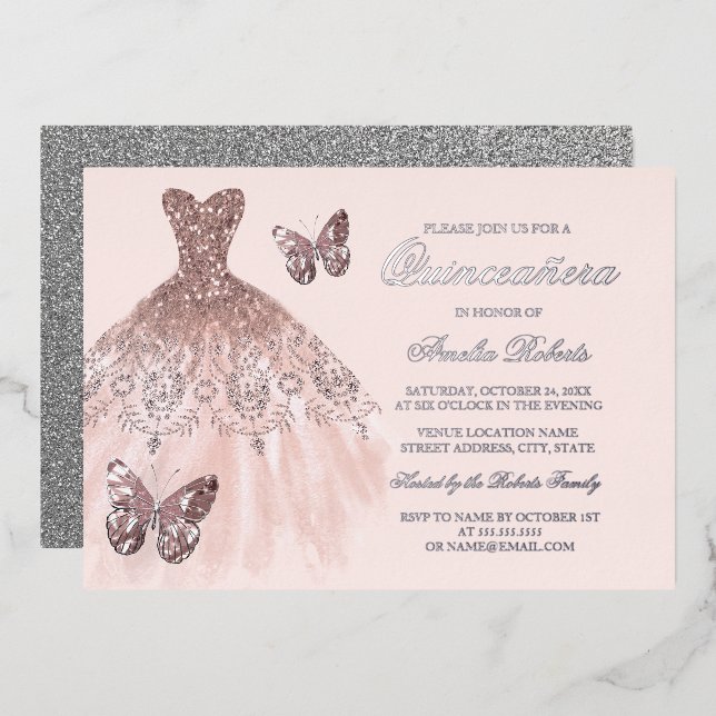Invitation En Aluminium Robe à papillon rose OR ARGENT Quinceanera (Recto/Verso)